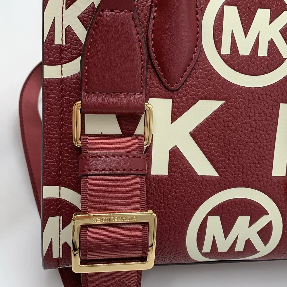 MICHAEL KORS Mirella Small Logo Embossed Pebbled Leather Crossbody DK CHERRY NWT